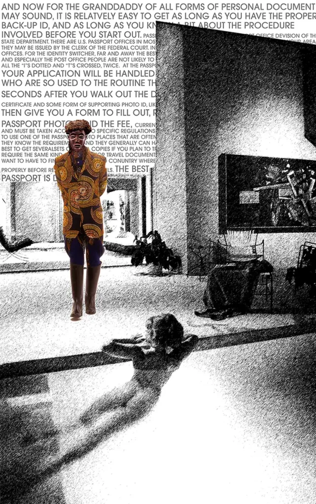 Poster Kunst Collage. Fensterdekoration Kunst und design Buchhandlung Hamburg. anspruchsvolle Bücher. Collage- Illustrierter schwarzer Hintergrund. grosses Haus mit grossen Bildern-Swimming Pool mit nackter Frau. Mann mit Chokwe Maske in englischen alten historischen Herren Outfit - gekleidet in afrikanischen Stoffen. afrikanische muster. afrikanische Maske. Text handelt von gefälschtem Dokumenten. Typographie an den Wänden.