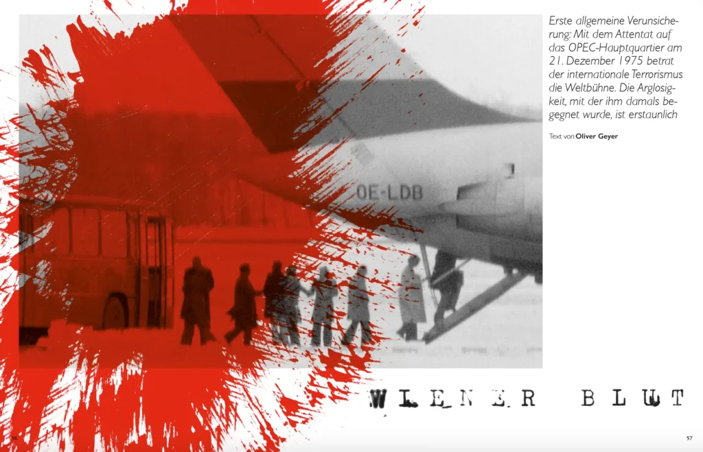 dummy - Gesellschaftsmagazin - österreich- bericht über terrorismus wien 1975 - roter blut-farb - fleck - flugzeug- terror